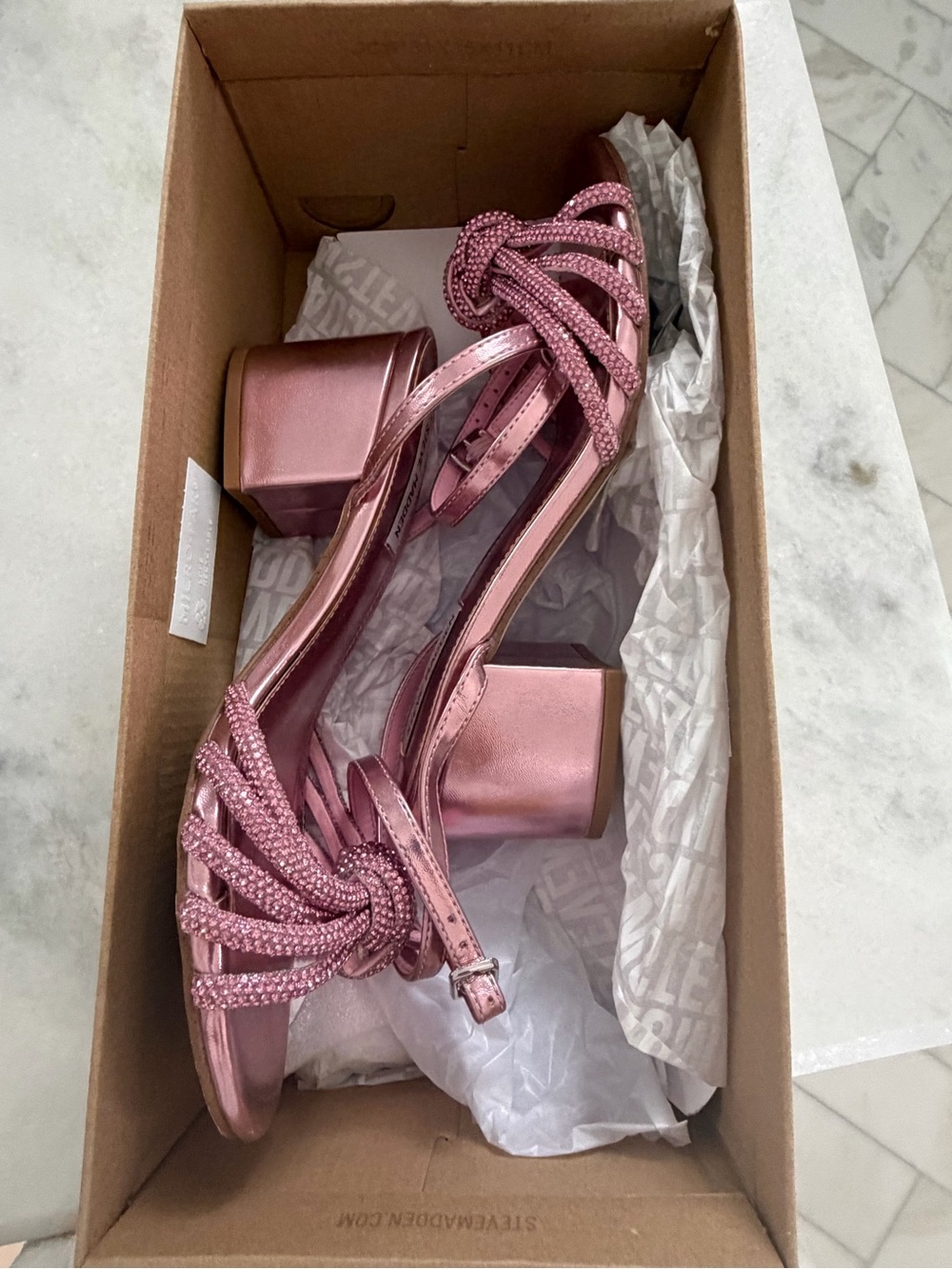 Steve Madden Metallic Rose Pink Knotted Strap Block Heels. Worn once!